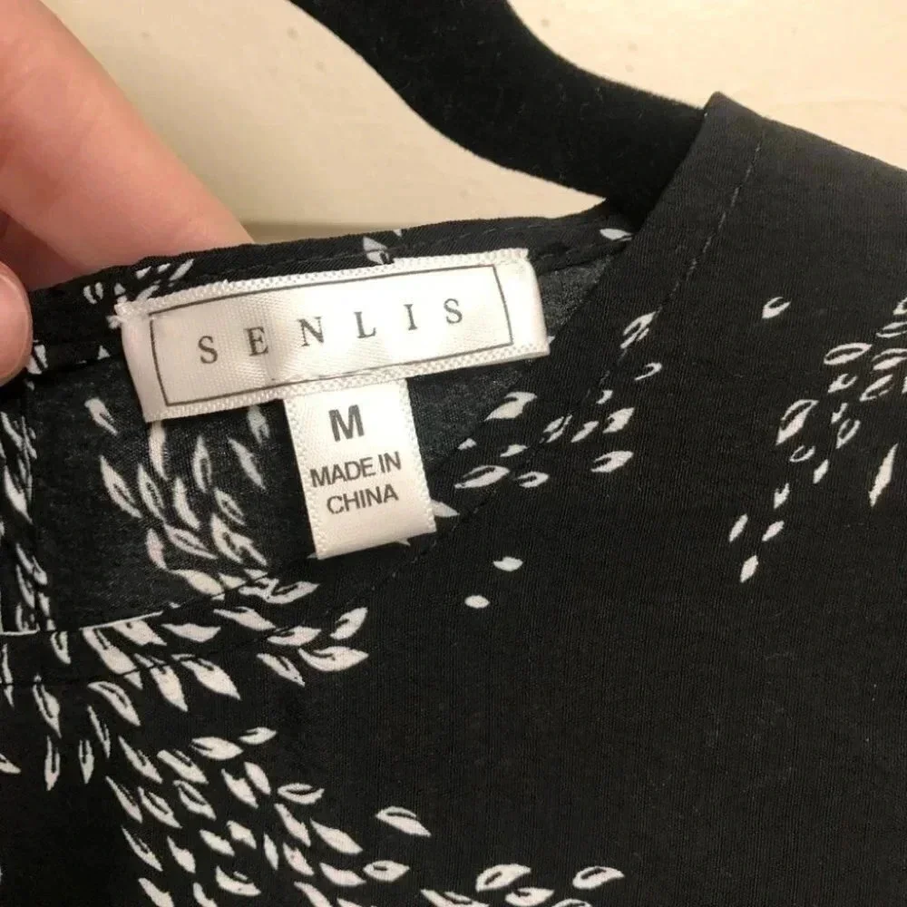 Senlis Black & White Leaves Louise Ruffle-Detail Oversize Long-Sleeve Top Size M